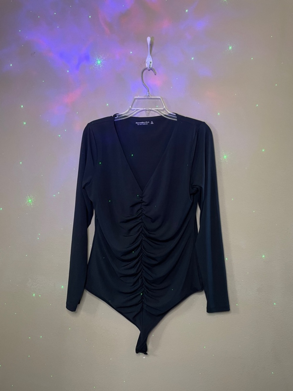 Abercrombie & Fitch Black Long-Sleeve Ruched V-Neck Bodysuit SZ XL